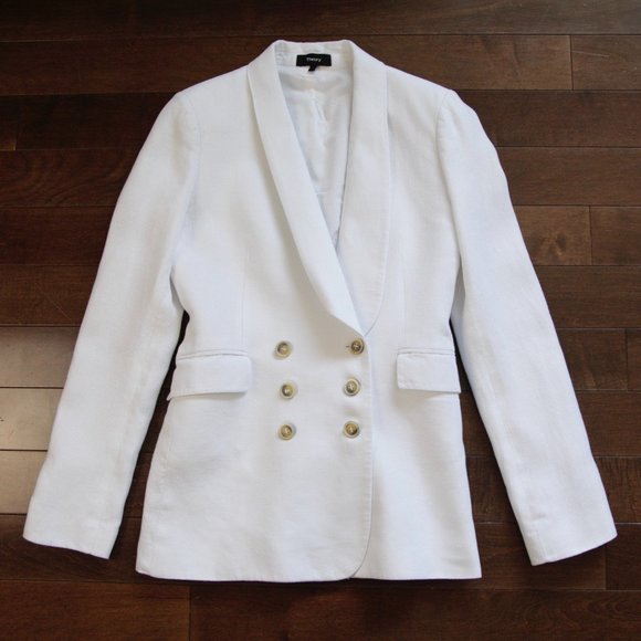 Theory Shawl Collar Double-Breasted Integrate White Linen Blazer Jacket Ladies 2 - Picture 3 of 11